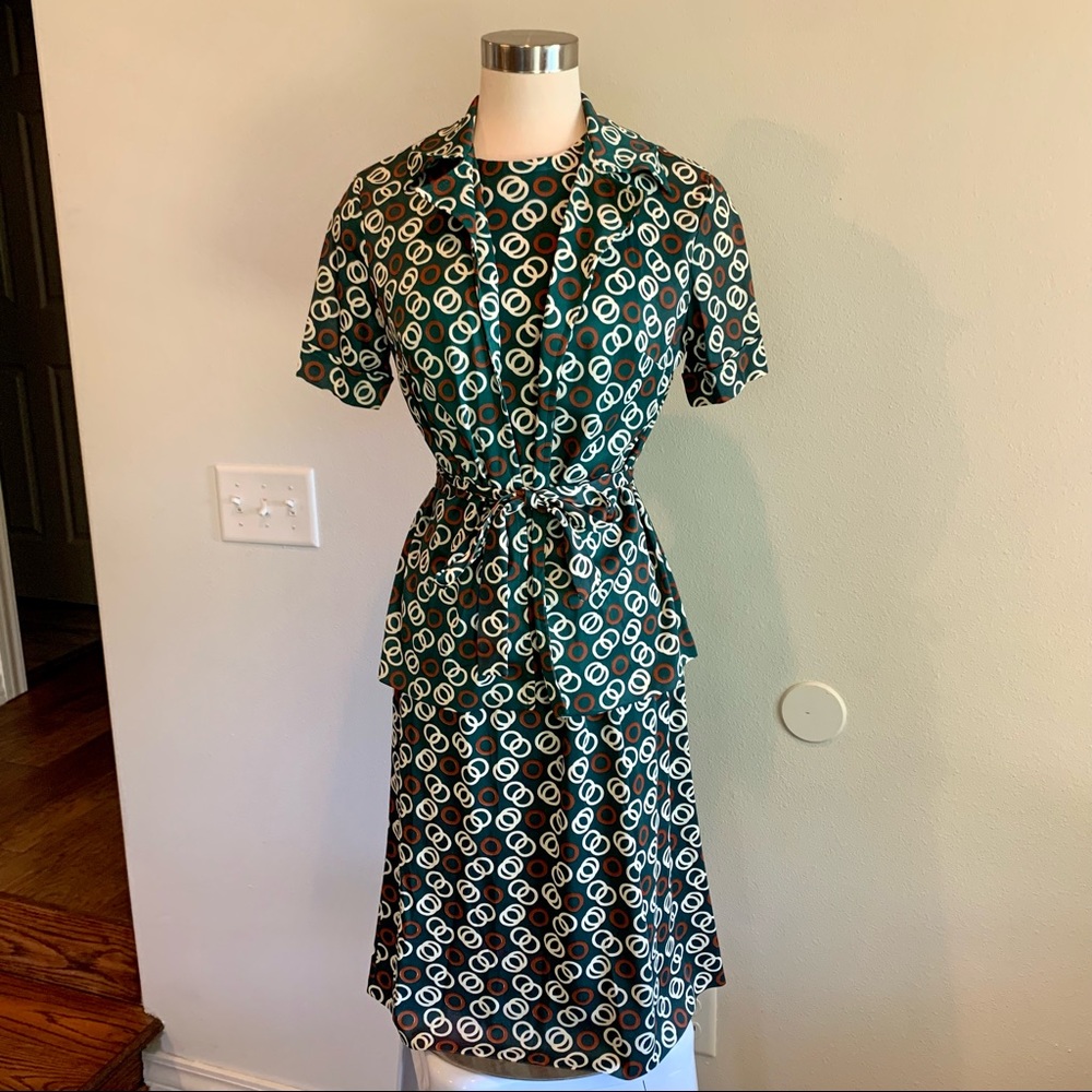 Vintage 70s Lady Carol Midi Circle Print Sheath Dress and Shirt